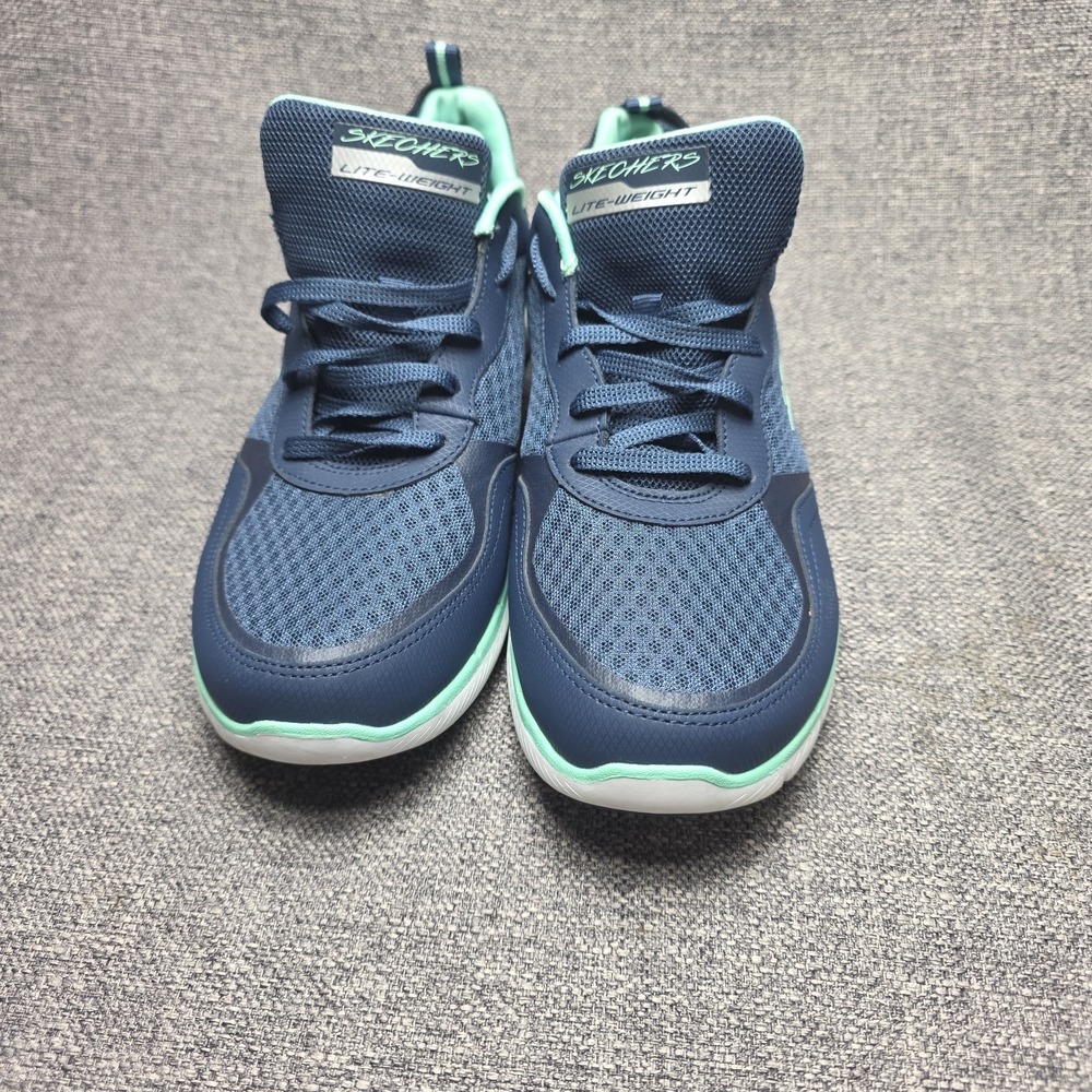 Skechers Lite-Weight Sneakers Women 10 Navy Blue Mint Green Mesh Athletic Shoes - Picture 2 of 7